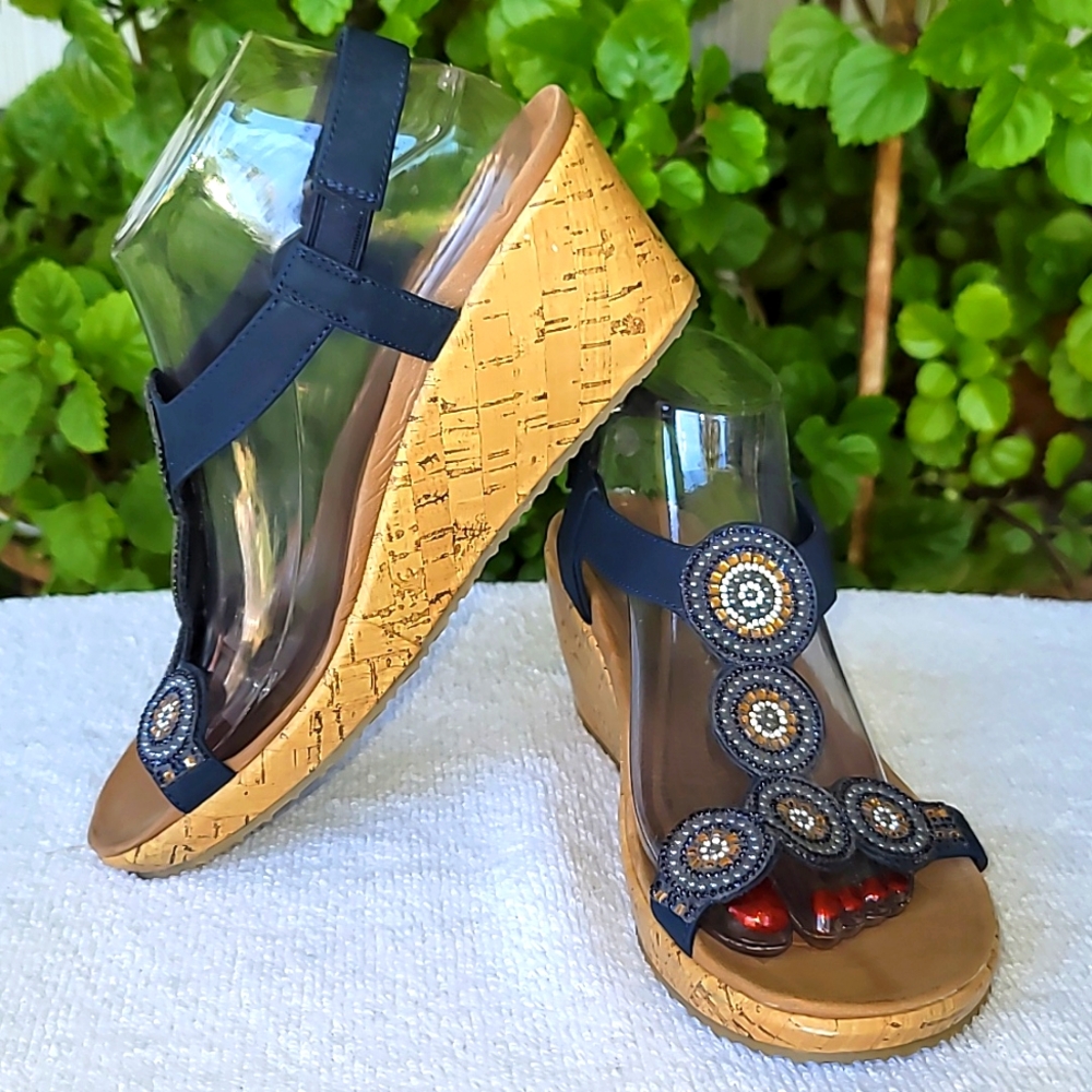 Skechers Blue Embezzled Blue Sandal 3" Heel , size 9.5